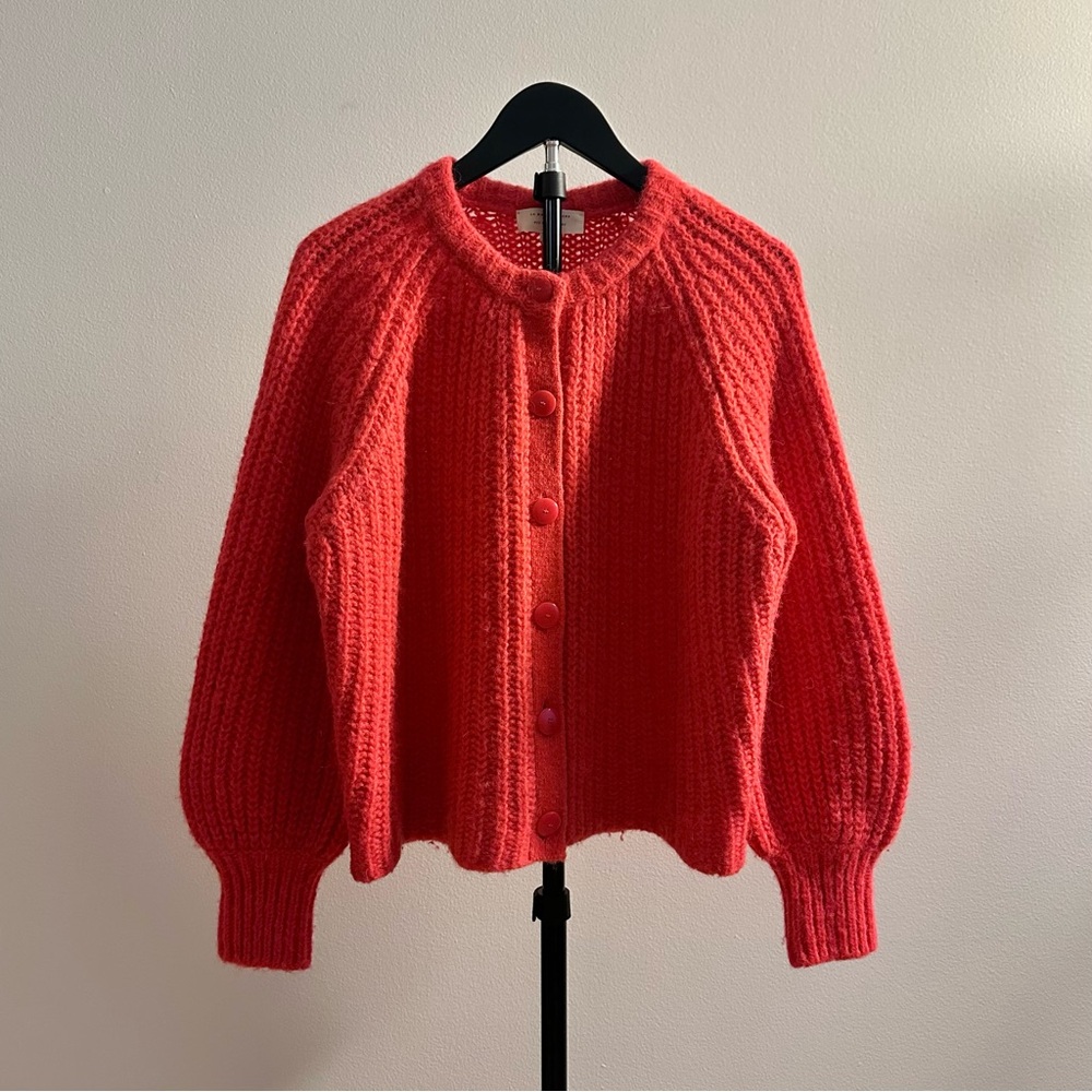 Sezane Emile Red Chunky Alpaca Wool Crew Neck Cardigan Size S